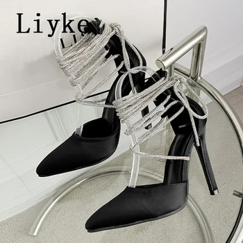 Liyke/ Нови Маркови Модни дамски Сандали на висок ток с Кристали и Кръстосана Шнур, летни Сандали на висок ток с остър пръсти, дамски обувки-лодка
