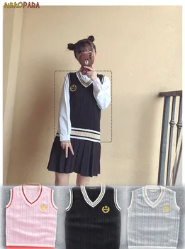 Японски Женски Вязаный Жилетка Японската Училищни униформи JK Англия Елегантен Дизайн Пуловер Без Ръкави Короната Бродерия 3 Цвята