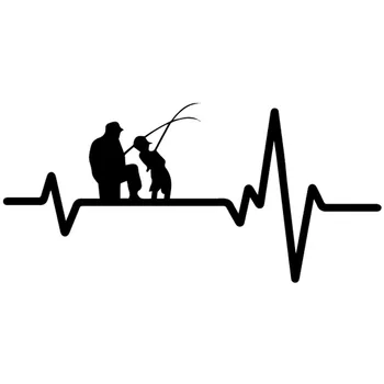 Забавна Vinyl Стикер Heart Beat Line Риболов Бащата на Баща Син Рибно риболовен Прът за Макара Стръв Автомобили Стикер Черен/Сребрист, 17 см * 8 см
